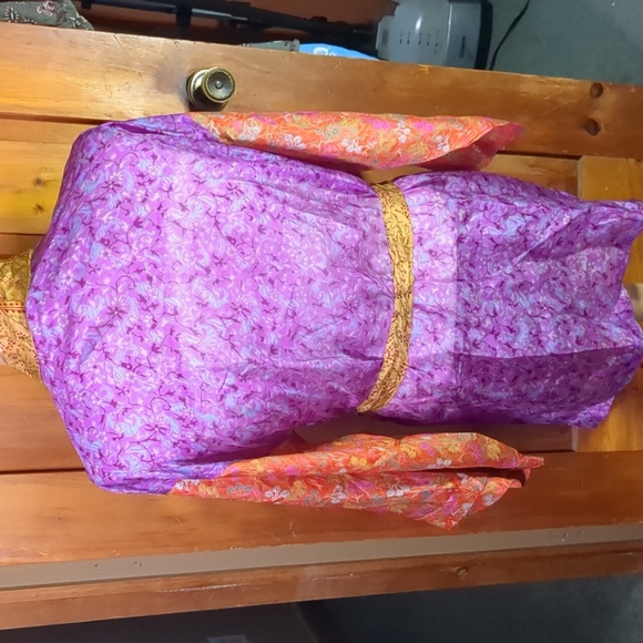 100% SILK kimono duster jacket tie front purple orange and yellow gold w/floral - Picture 7 of 12